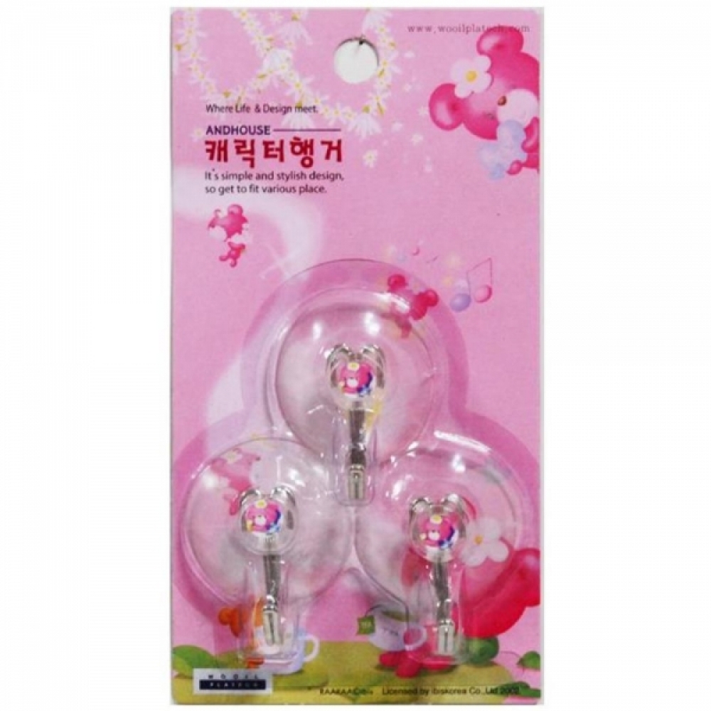 캐릭터 흡착 벽후크 3P 부착행거 다용도걸이 문후크