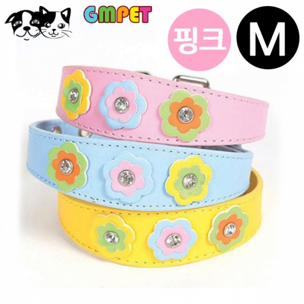 지엠펫 샤이니 플라워 가죽목줄 핑크 (M) (강아지 목줄)