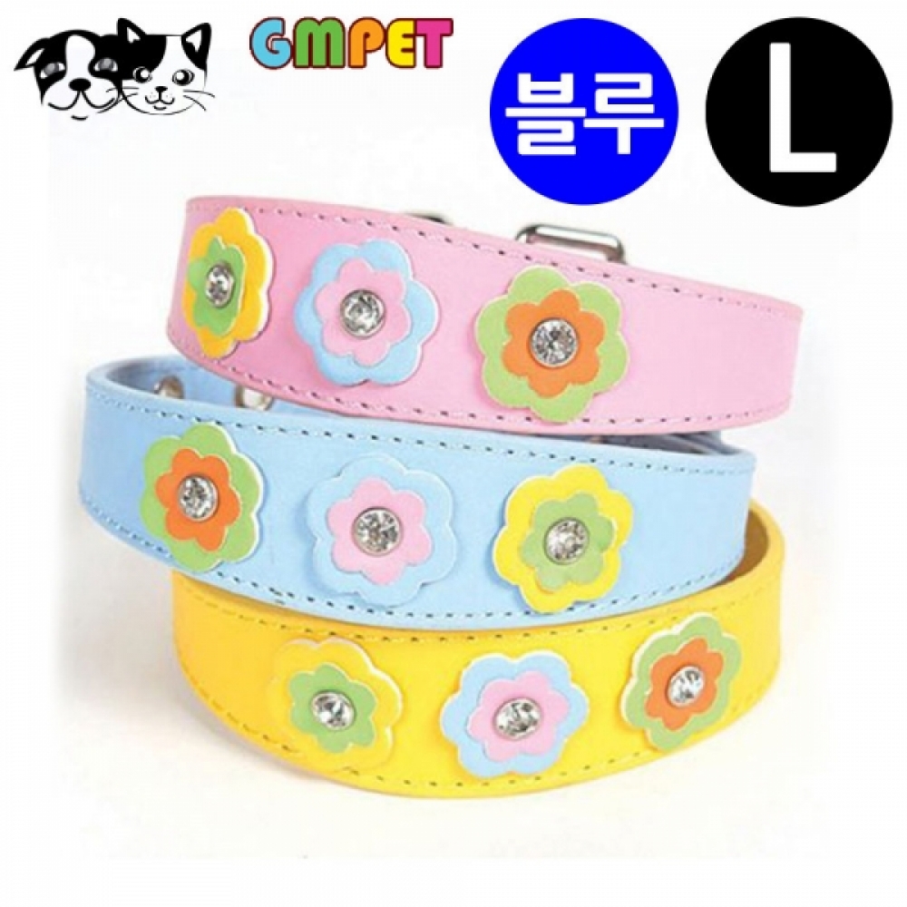 지엠펫 샤이니 플라워 가죽목줄 블루 (L) (강아지 목줄)