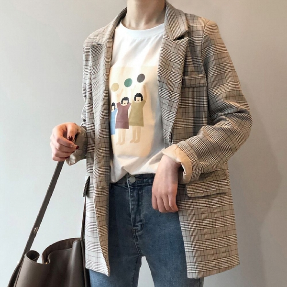 여성 봄 가을 외출 패션 가벼운 체크 무늬 패턴 자켓