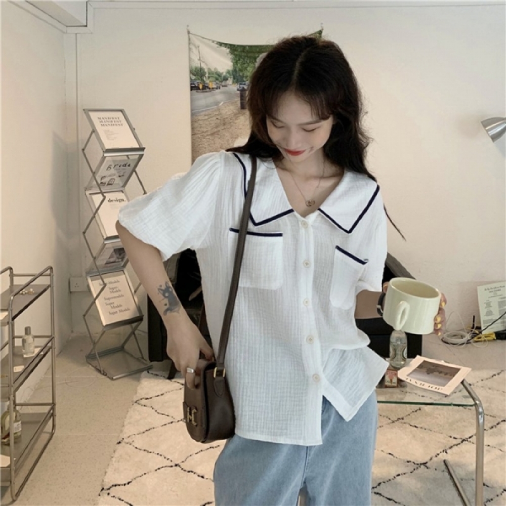 코튼 단가라 블라우스 퍼프 소매 오버 핏 데일리 셔츠