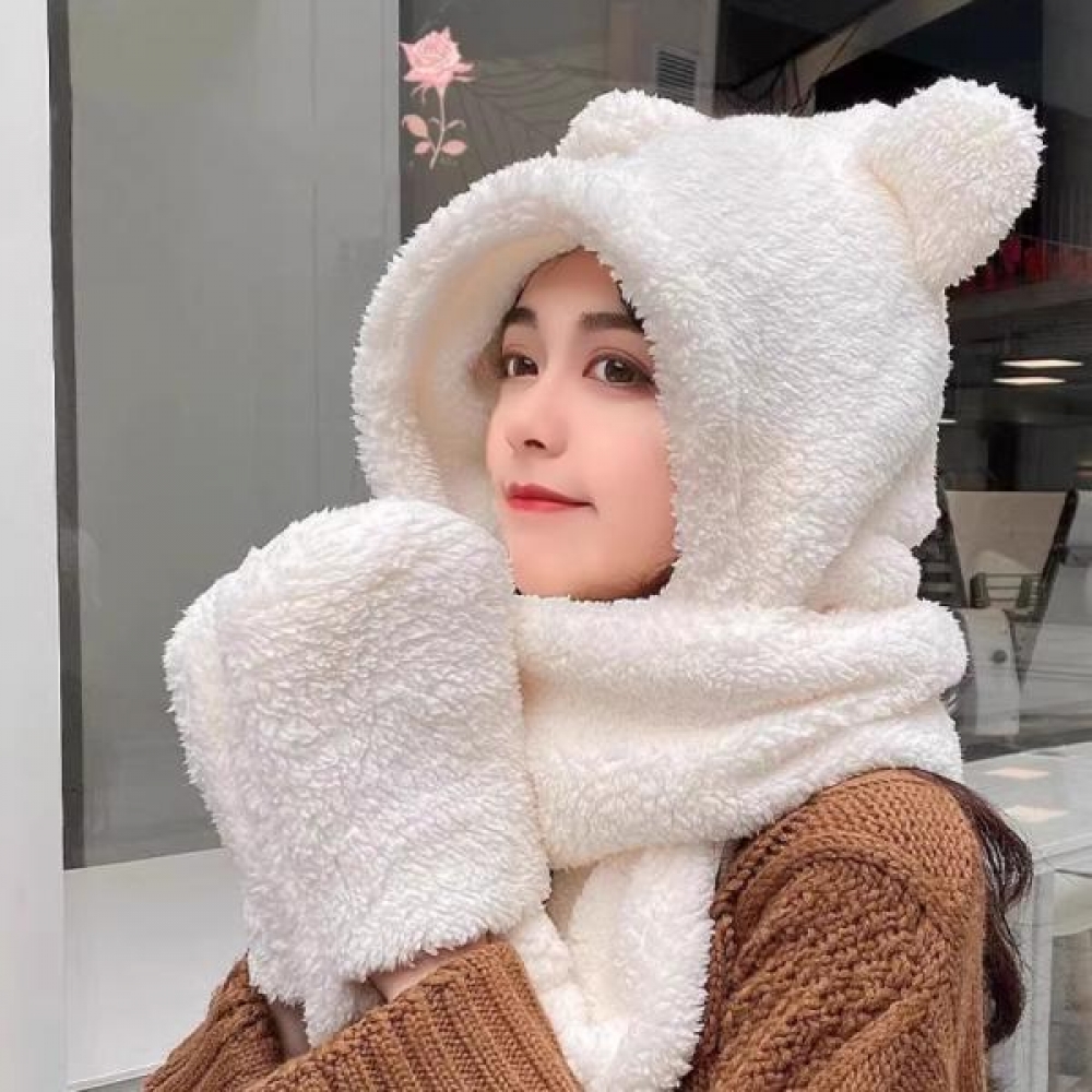 곰돌이 뽀글이 후드 목도리 귀달이모자 방한 겨울