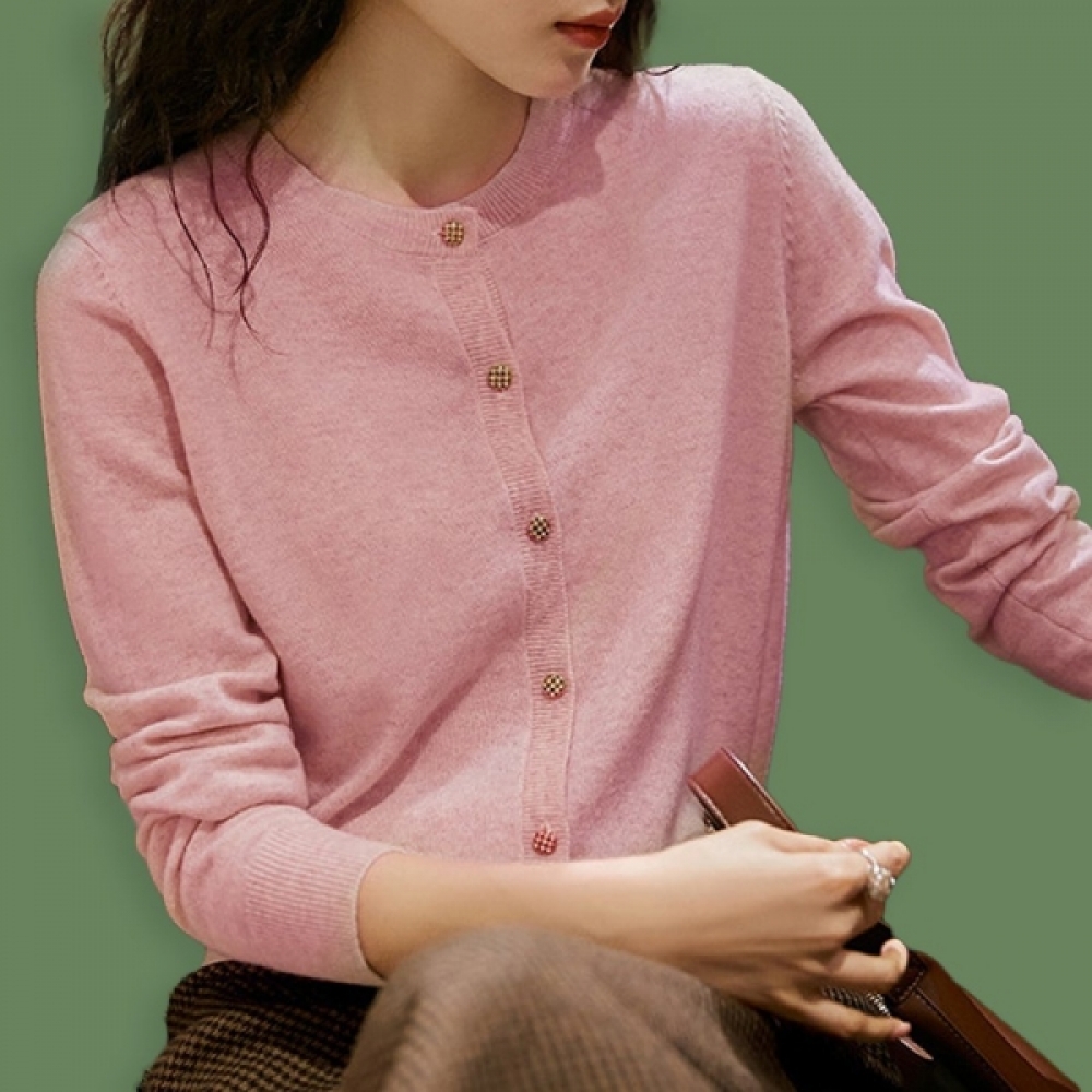 여성 봄 가을 무지 라운드 예쁜 단추 가디건 인디핑크