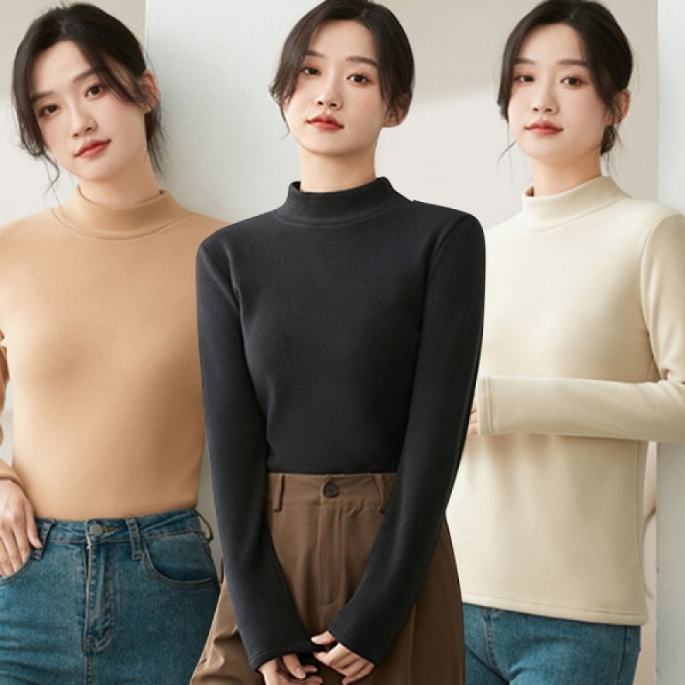 여성 무지 반목 하프넥 긴팔 기모 안감 긴팔 티셔츠