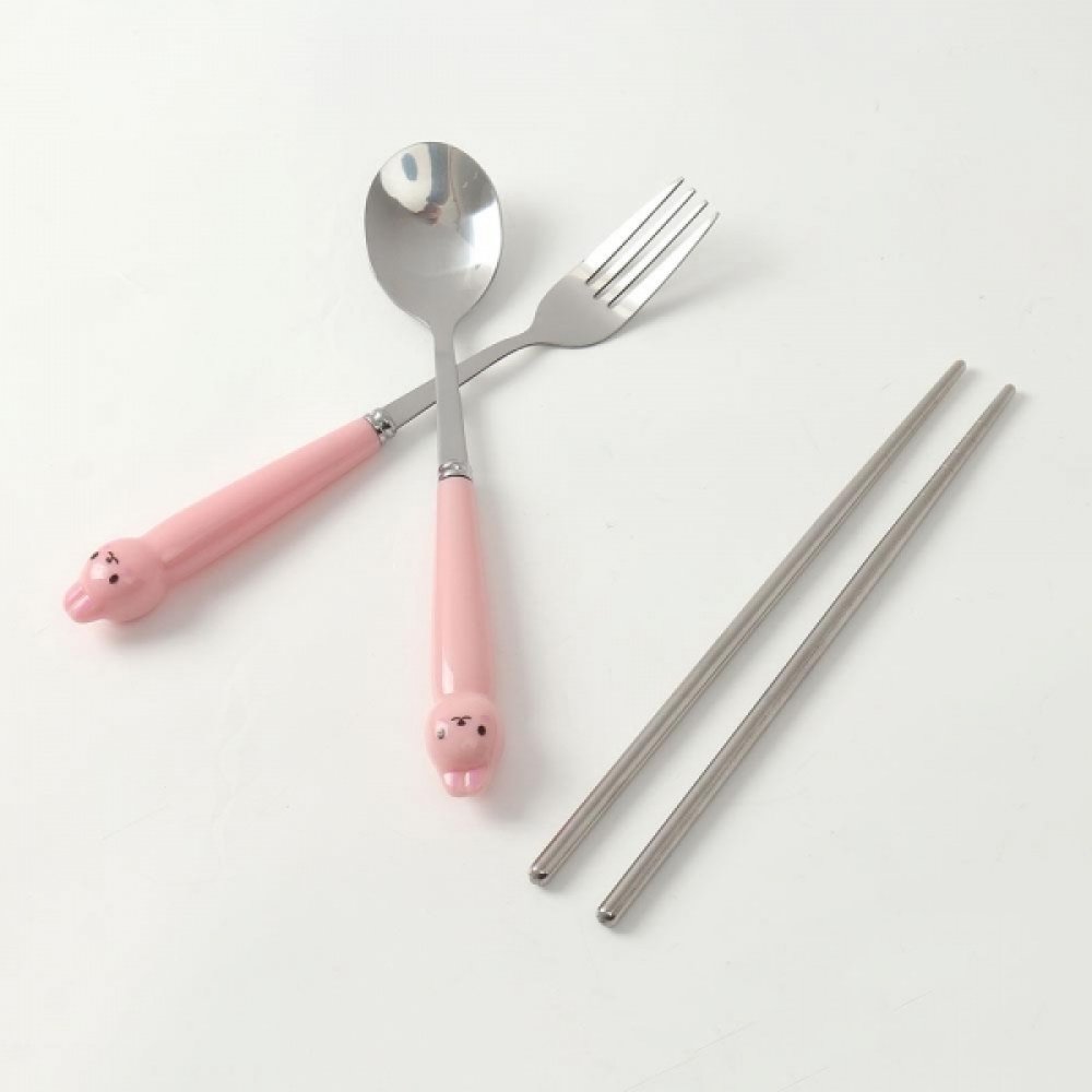 핑크 고양이 손잡이 수저 포크 휴대 케이스세트