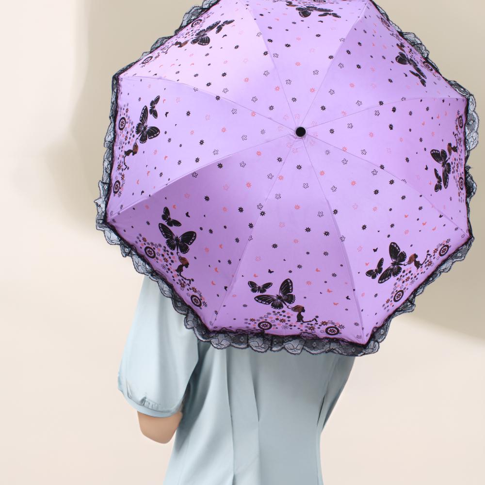 예쁜 여성 3단 나비 레이스 우산 휴대용 암막 양우산