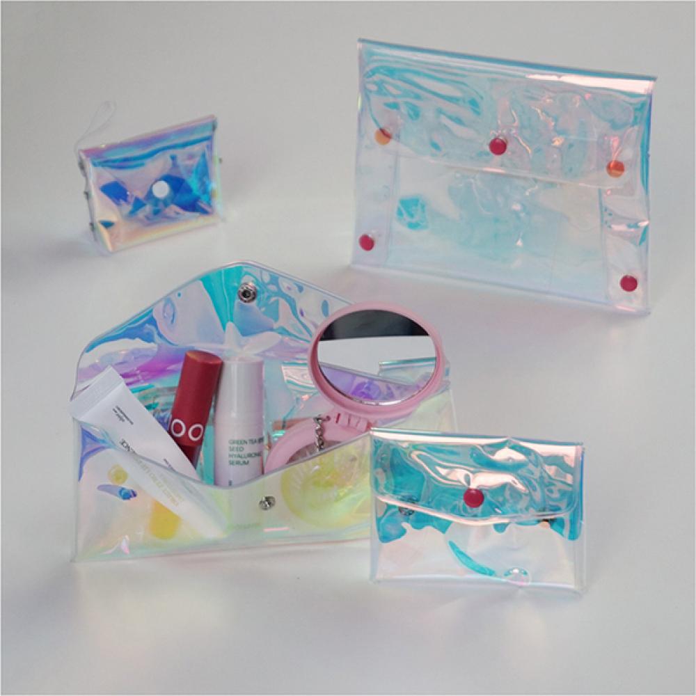 투명 홀로그램 똑딱이 PVC 파우치 미디엄 1+1