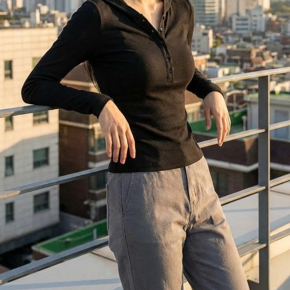 슬림핏 후드 긴팔티 여성 핏라인 후드 긴팔 티셔츠