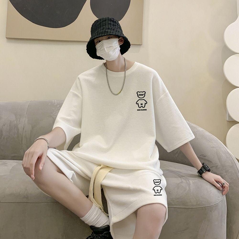 흰색 곰돌이 프린팅 여름 티셔츠 반바지 세트 코디 여성 루즈핏