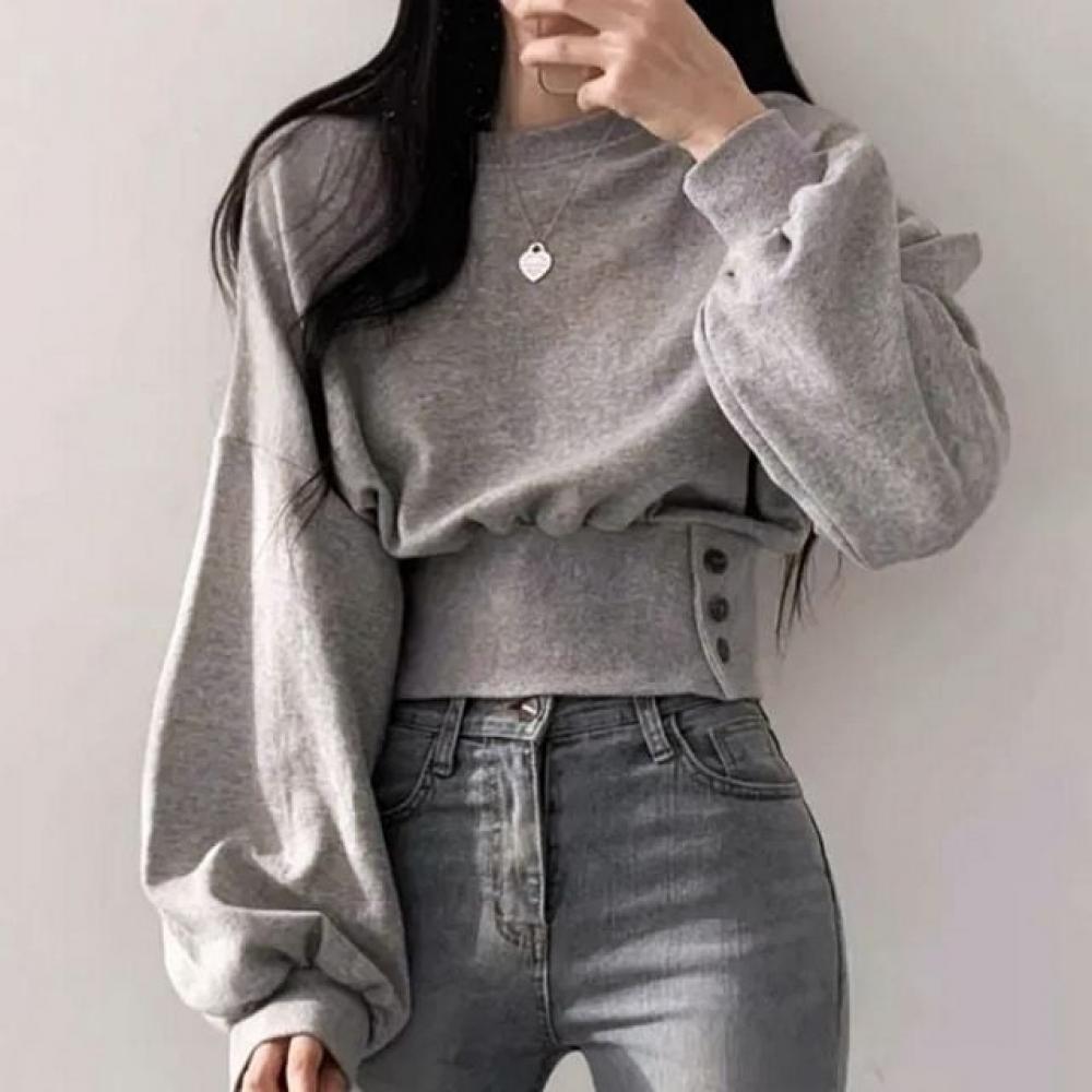 밝은회색 허리 라인 잘록한 가을 간절기 단추 긴팔티셔츠 크롭티 여성티셔츠