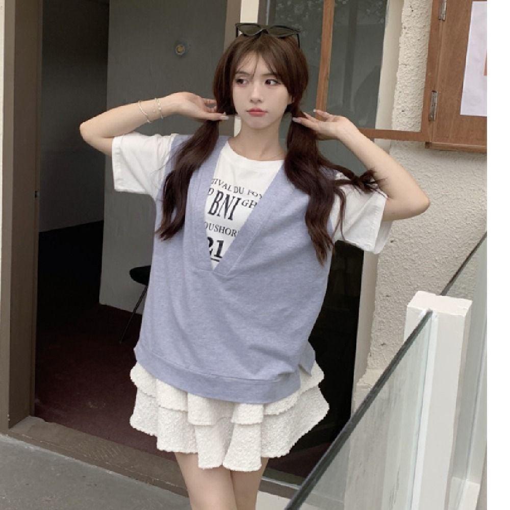 여성 여름 조끼 스타일 반팔티 캐주얼 투피스 세트 그레이 조끼티셔츠