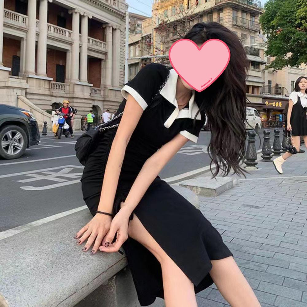 블랙 셔링 카라 원피스 롱 반팔 셔츠 데이트룩 페미닌룩