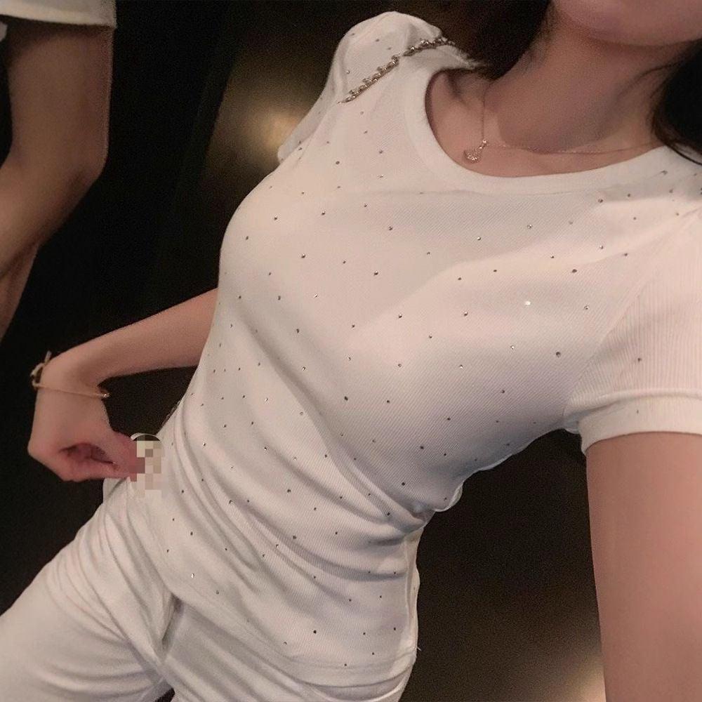 큐빅 라운드반팔 여름티셔츠 캡소매 큐빅티셔츠 여성면티 여성반팔 흰티
