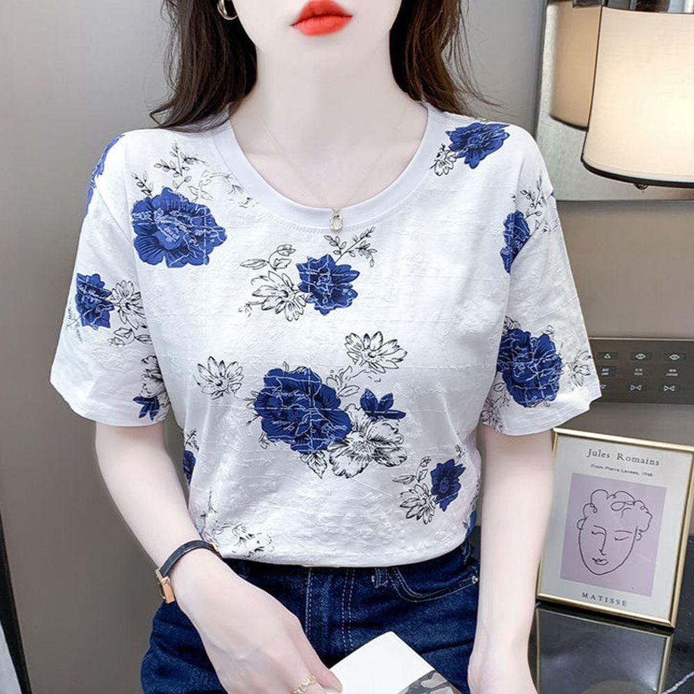 흰색반팔티 여성여름티셔츠 블루장미 꽃무늬티셔츠 프린팅티 여성상의 여자흰티