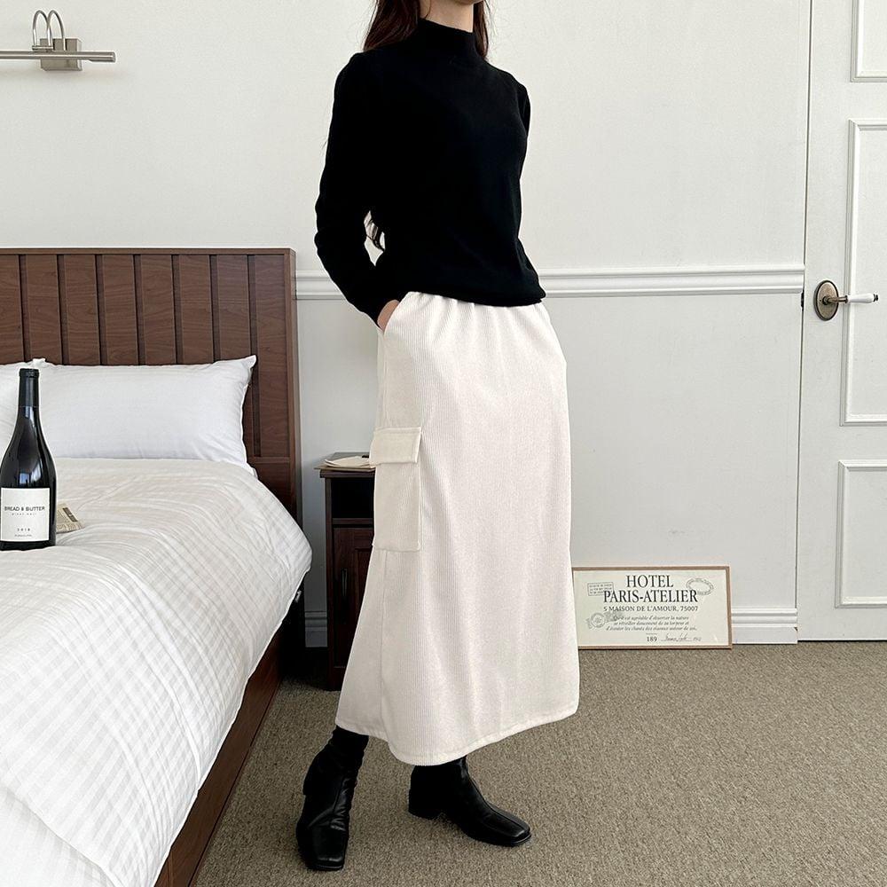 아이보리 란치 코듀로이 롱 스커트 카고 여성 겨울