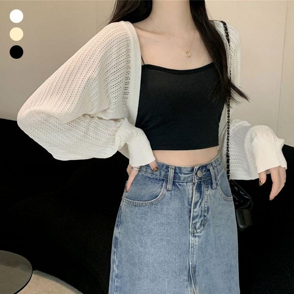 아이보리 볼레로 펀칭 린넨 숏 가디건 여성 긴팔 오픈