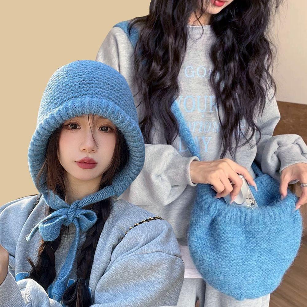 블루 니트모자 방한모자 니트버킷햇 이어플랩
