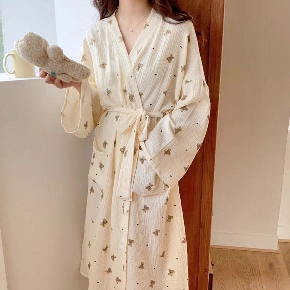 테디베어 여성가운 플라워 긴팔 잠옷 홈웨어 원피스 여자잠옷 여성실내복