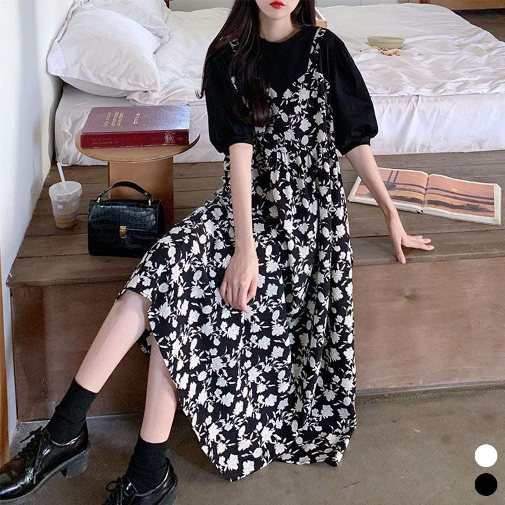 검정꽃무늬원피스 여성원피스 여성티셔츠 반팔티 여자반팔티셔츠 캐주얼룩 롱티