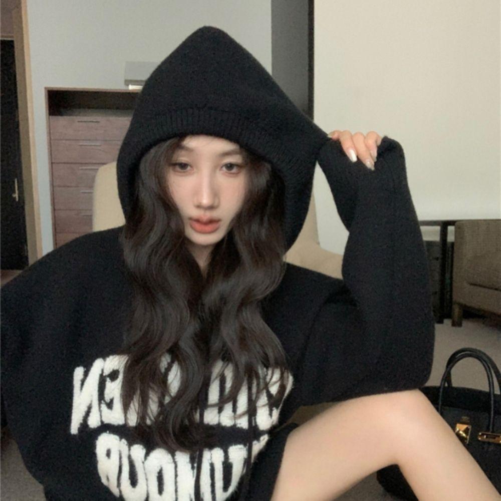 검정후드티 여성 니트 스웨터 겨울 풀오버 오버핏후드티 홀가먼트 패션 편안함