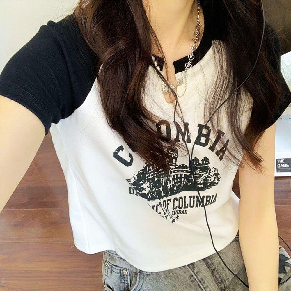 배색 반팔티셔츠 크롭티셔츠 크롭반팔티