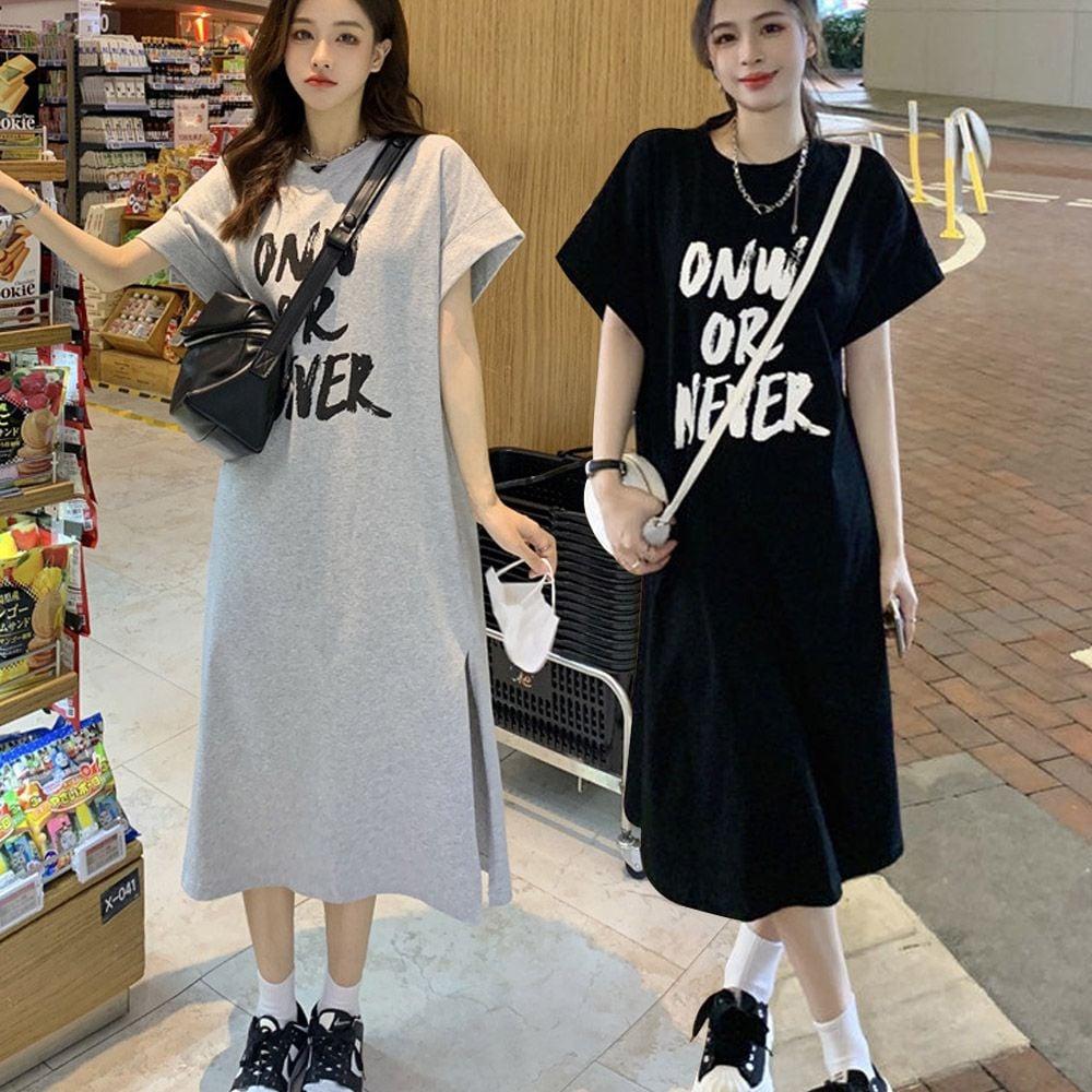여성 롱원피스 여름 검정 그레이 반팔원피스 레터링티셔츠 여성티셔츠