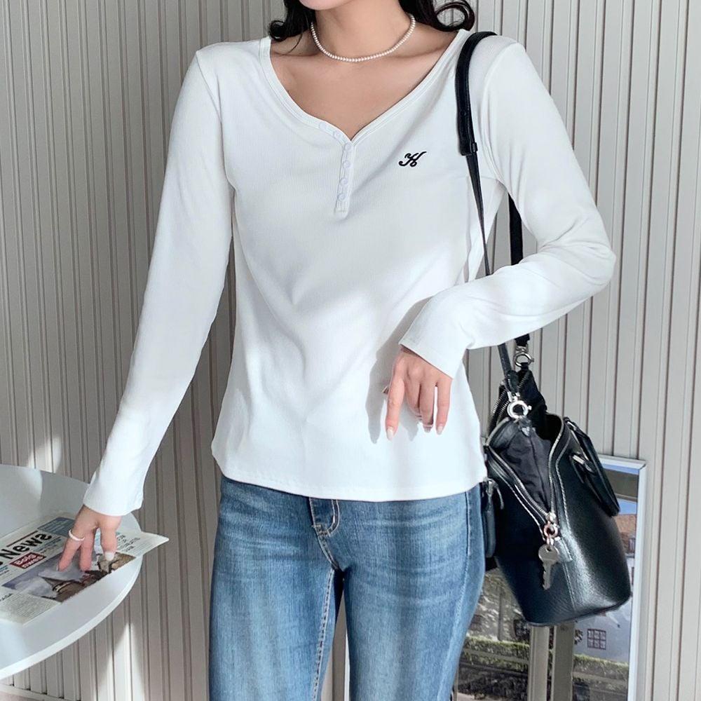 흰색 긴팔 골지 티셔츠 여성의류 여성상의 기본티 면티셔츠