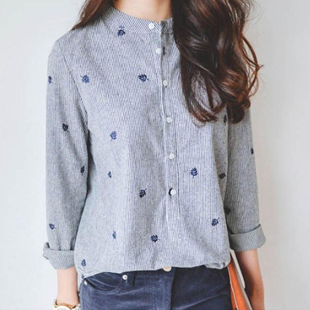 나뭇잎 블라우스 여자 기본 남방 여성 셔츠 스트라이프셔츠