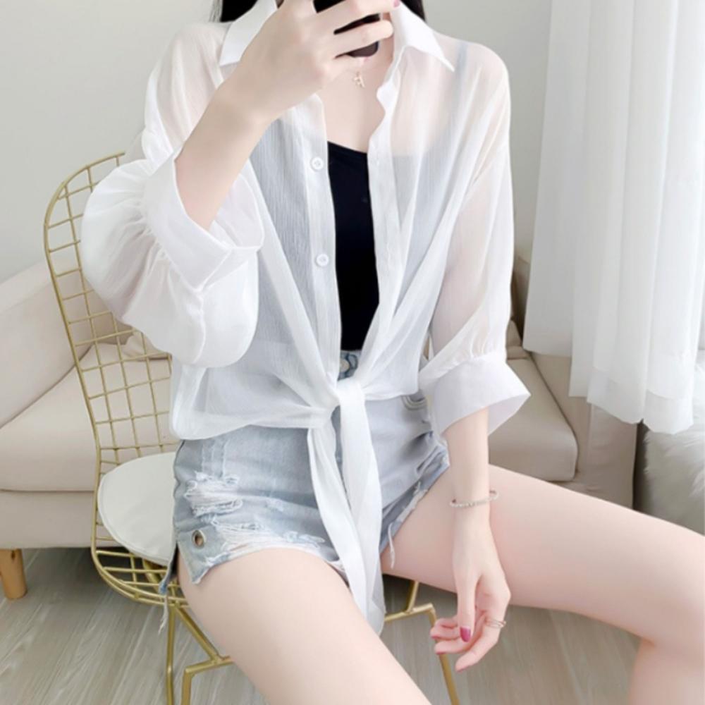 시스루 블라우스 셔츠 핑크 봄블라우스 여성 흰