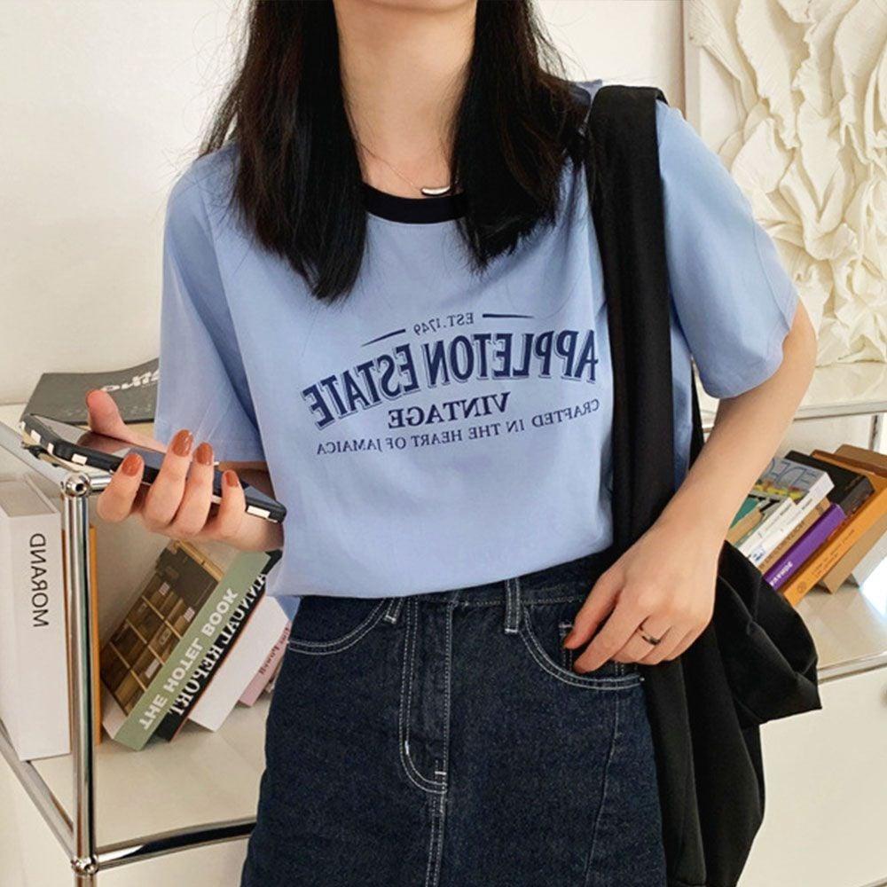 여성 블루 반팔티셔츠 여름 크롭 그래픽 반팔티 여성티셔츠