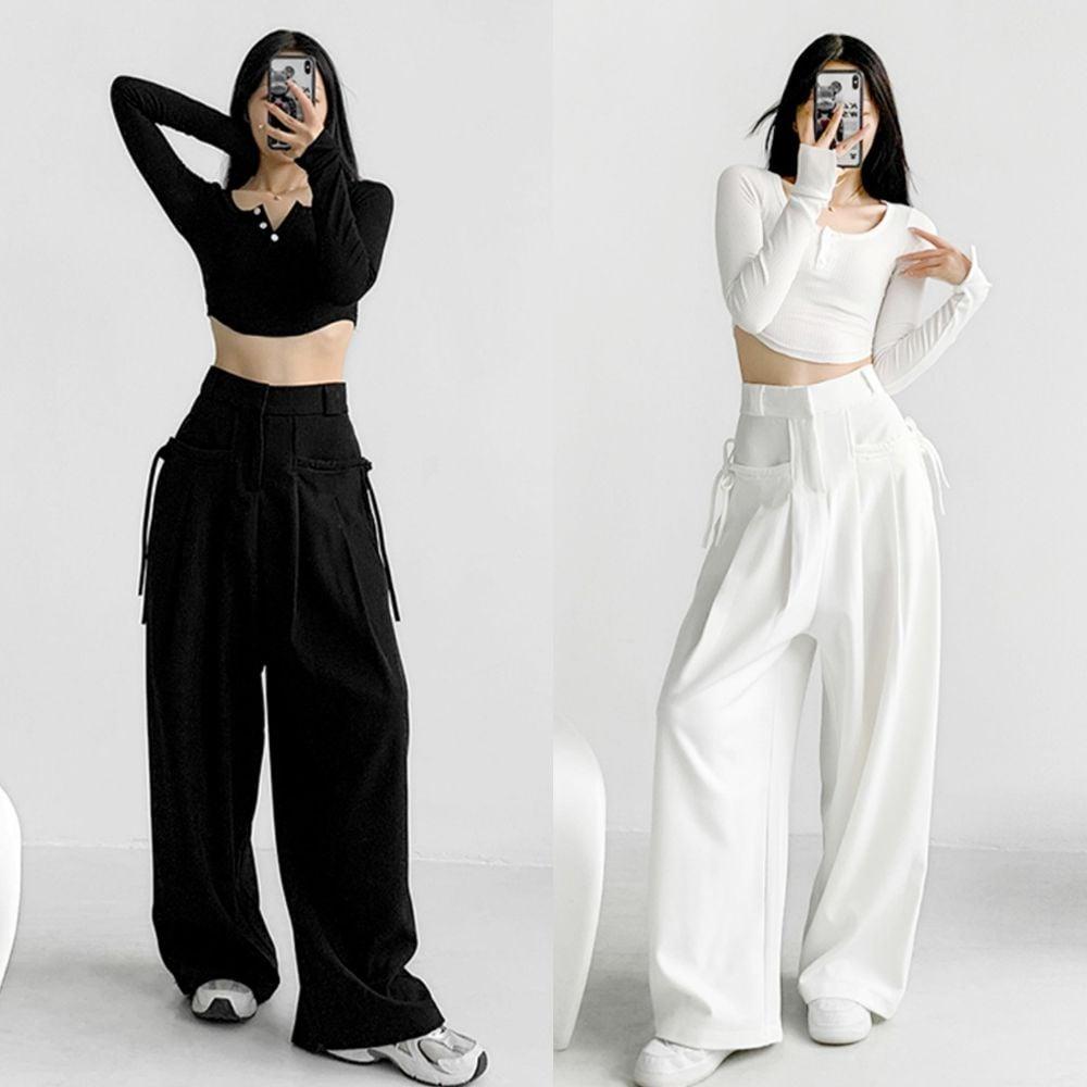 여성 블랙 화이트 와이드 통바지 허리밴딩 와이드 셔링 얇은 홈웨어