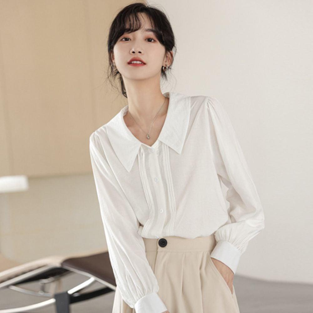 화이트 프릴 여성 블라우스 셔츠 어깨셔링 여성블라우스셔츠