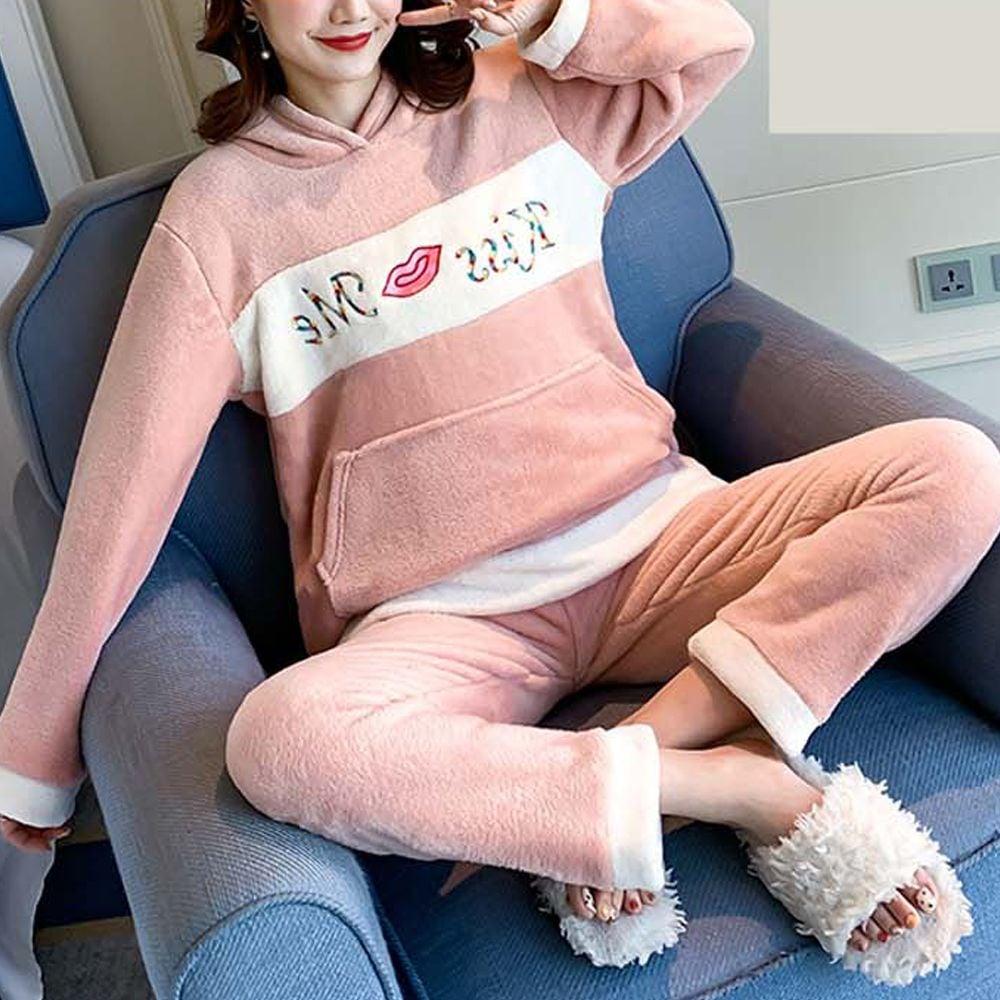 핑크 극세사 잠옷바지 후드 홈웨어 세트 파자마 수면 겨울 데일리