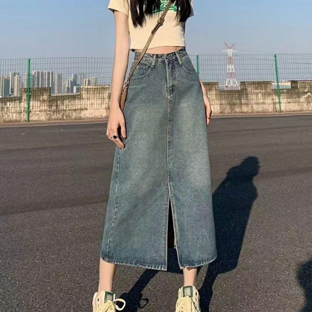 청치마 슬릿 미디스커트 여성 데님스커트 앞트임 긴치마