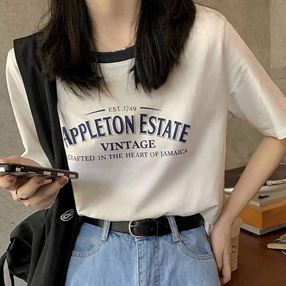 여름 크롭 티셔츠 배색티셔츠 반팔 세미 루즈핏 데일리 여성 캐주얼룩