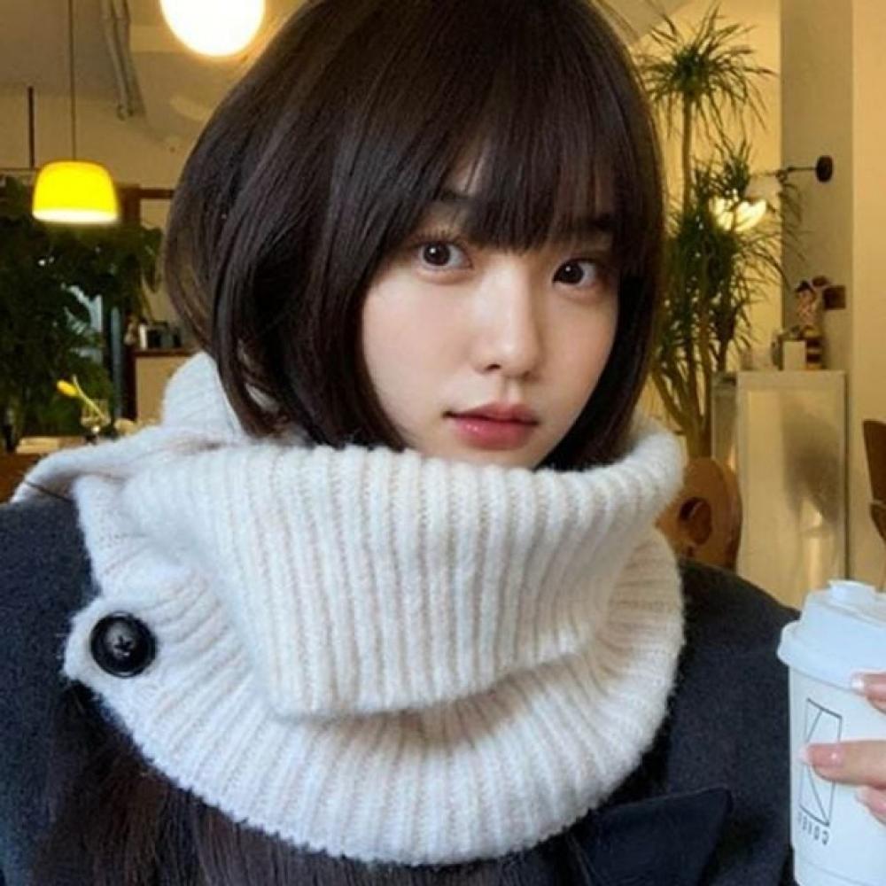 단추넥워머 흰색 니트 넥워머 목도리 방한 겨울 머플러 목토시 후드