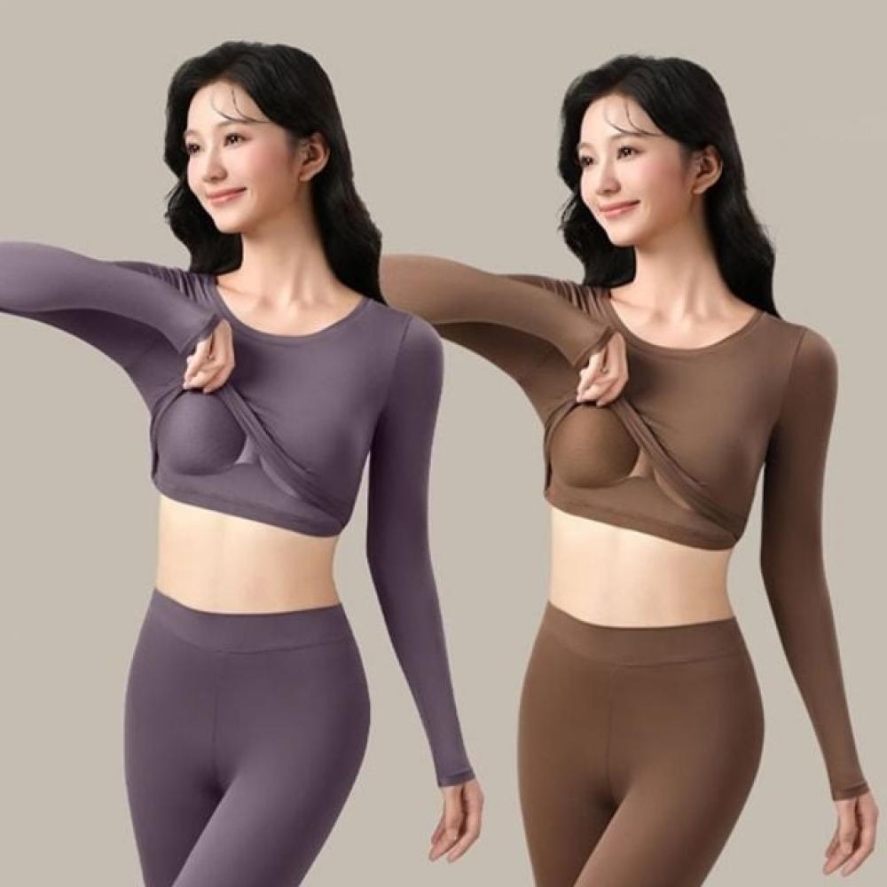 내장컵 보온 내복 여성 긴팔티 실내복 홈웨어 잠옷