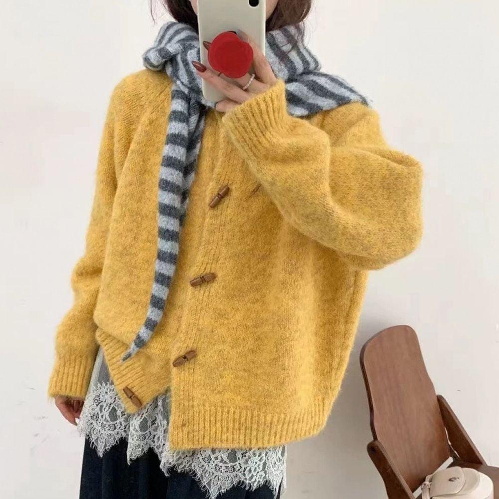노란색 롱 가디건 루즈핏 카디건 떡볶이단추 니트 오버핏