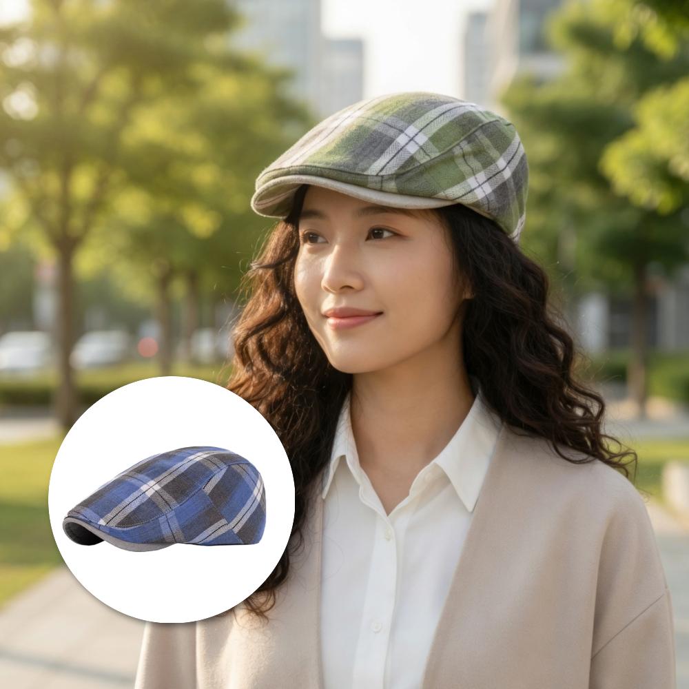 남녀공용 플랫 격자 베레모 무늬 캐쥬얼 사계절 모자
