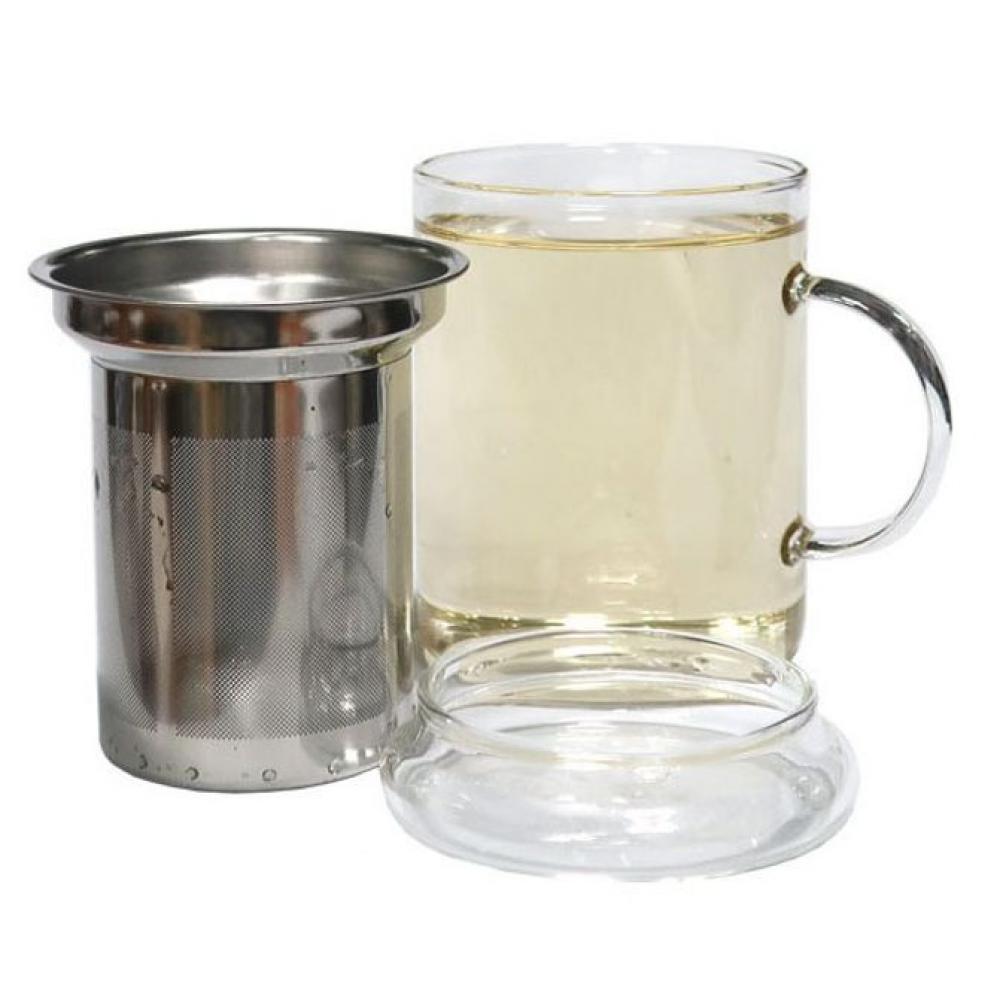 유리 머그컵 녹차 찻잔 물잔 스텐 거름망 뚜껑 400ml