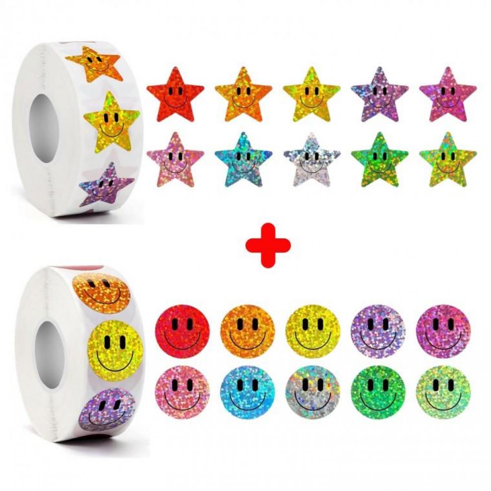 10컬러 반짝이 스마일 원형 별 스티커 2롤 1000pcs S297